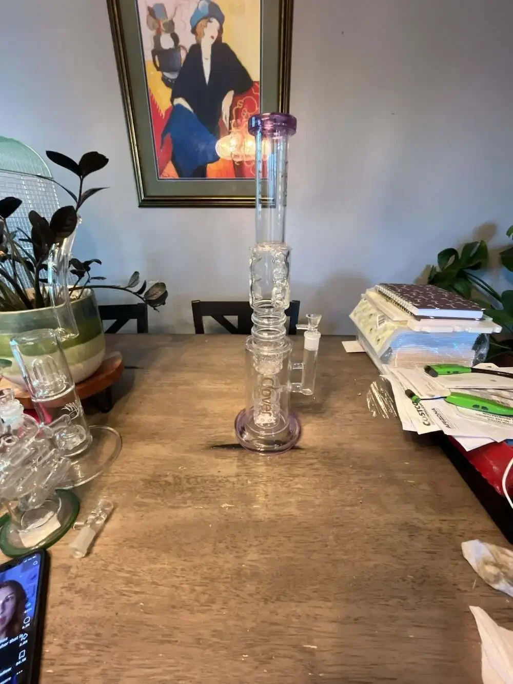Clover Glass Double Percolator Water Piece with Purple Accent